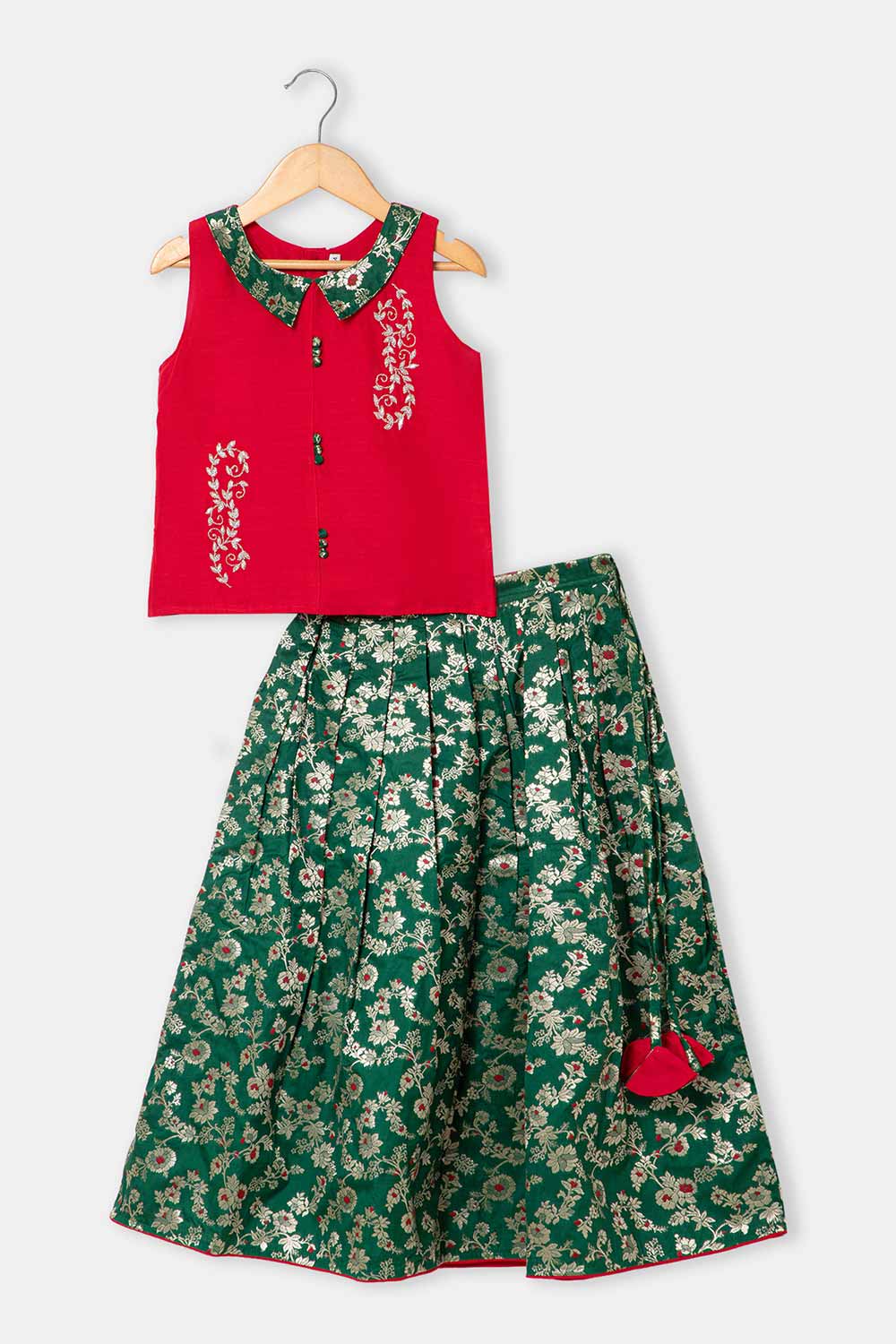 Chittythalli Girls Pavadai Set – Cotton Blouse with Brocade Collar & Zari Embroidery, Box Pleated Skirt - Red - PS80