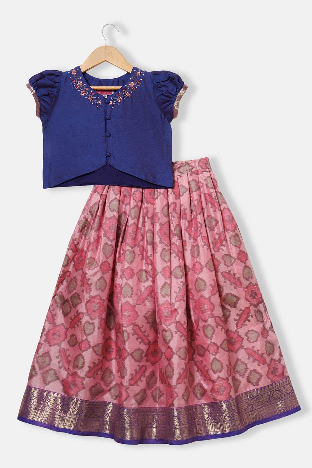 Chittythalli Girls’ Pavadai Set – V-Neck Embroidered Top with Puff Sleeves & Box-Pleated Brocade Skirt - Purple - PS38 - Naidu Hall Family Store