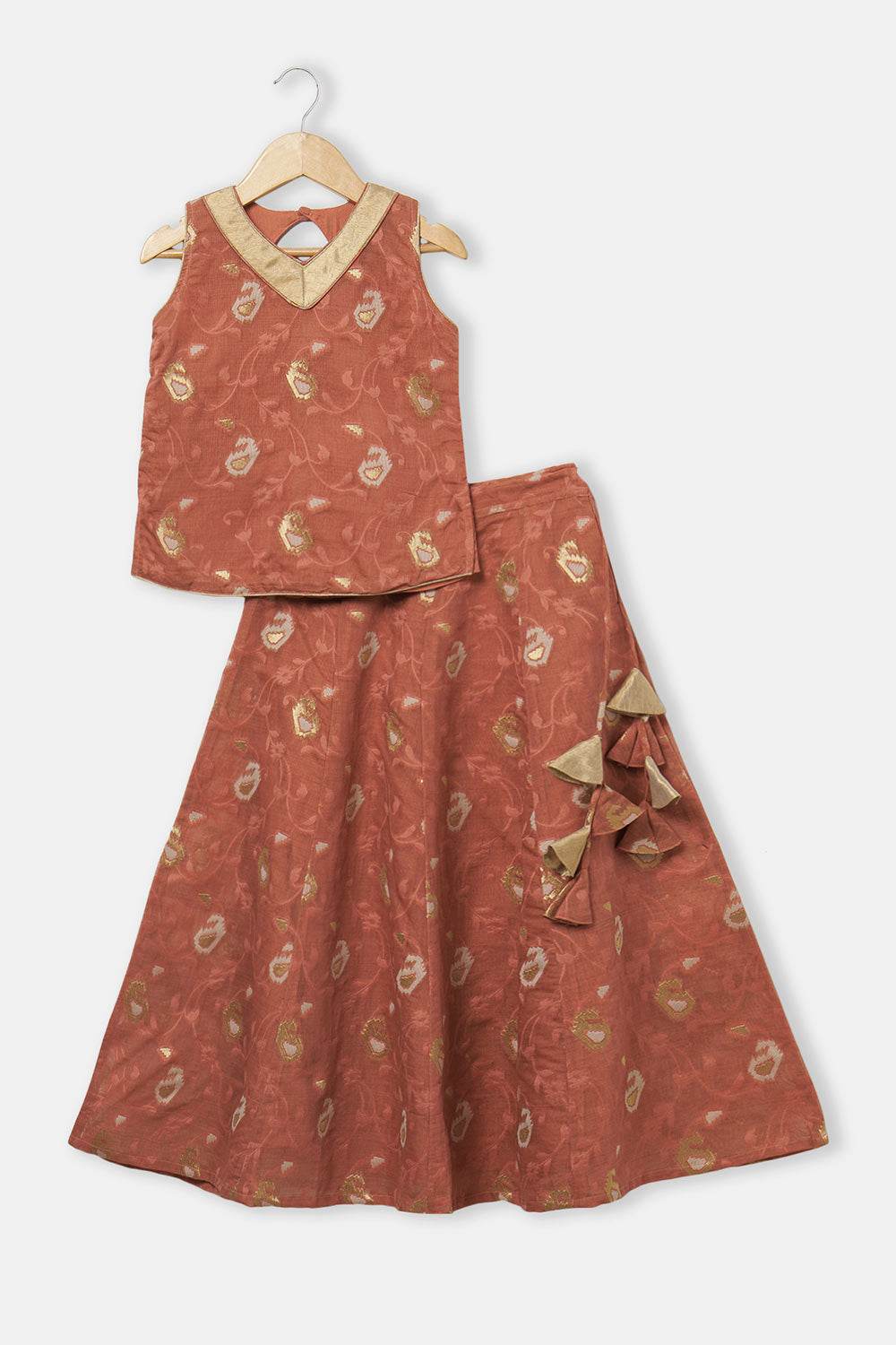 Chittythalli Girls’ Ethnic Pavadai Set – Sleeveless V-Neck Top with Flared Kali Skirt & Tassel Detailing - Peach - PS60 - Naidu Hall Family Store