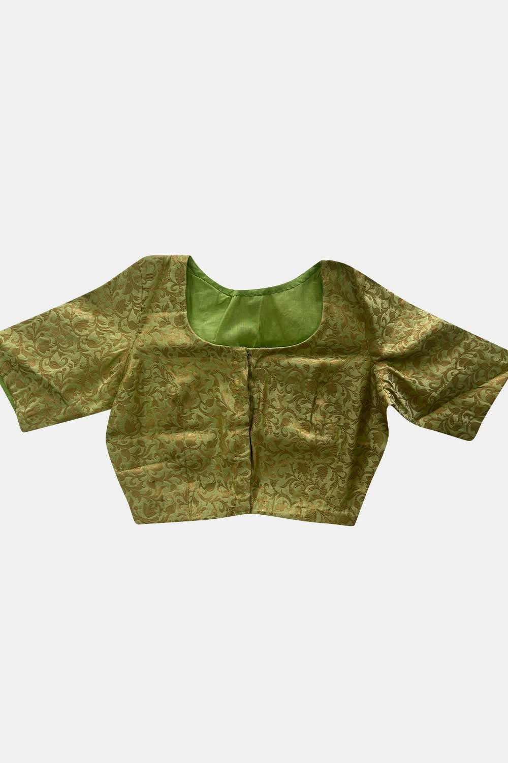 Naidu Hall V Neck Princess Cut Elbow Sleeve Back Open Brocade1 Saree Blouse - Olive - BU12 - Naidu Hall Family Store