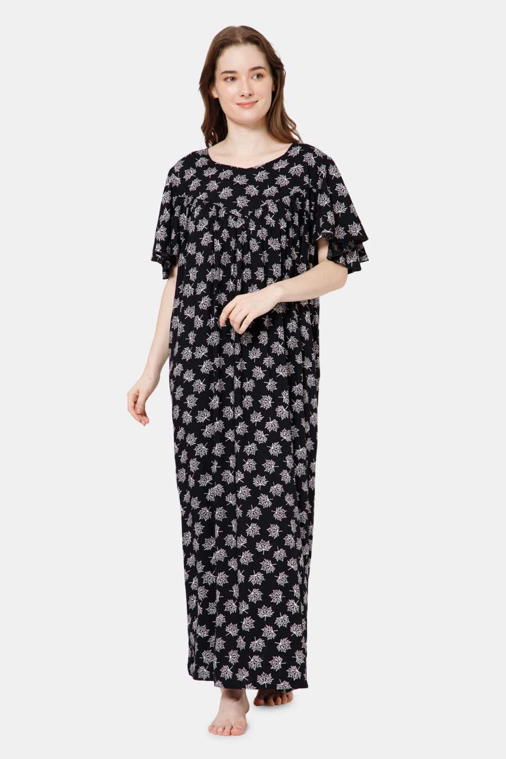Naidu Hall All Over Printed Nighty with Butterfly Sleeves Diamond Neck - Black print-3 - NT37