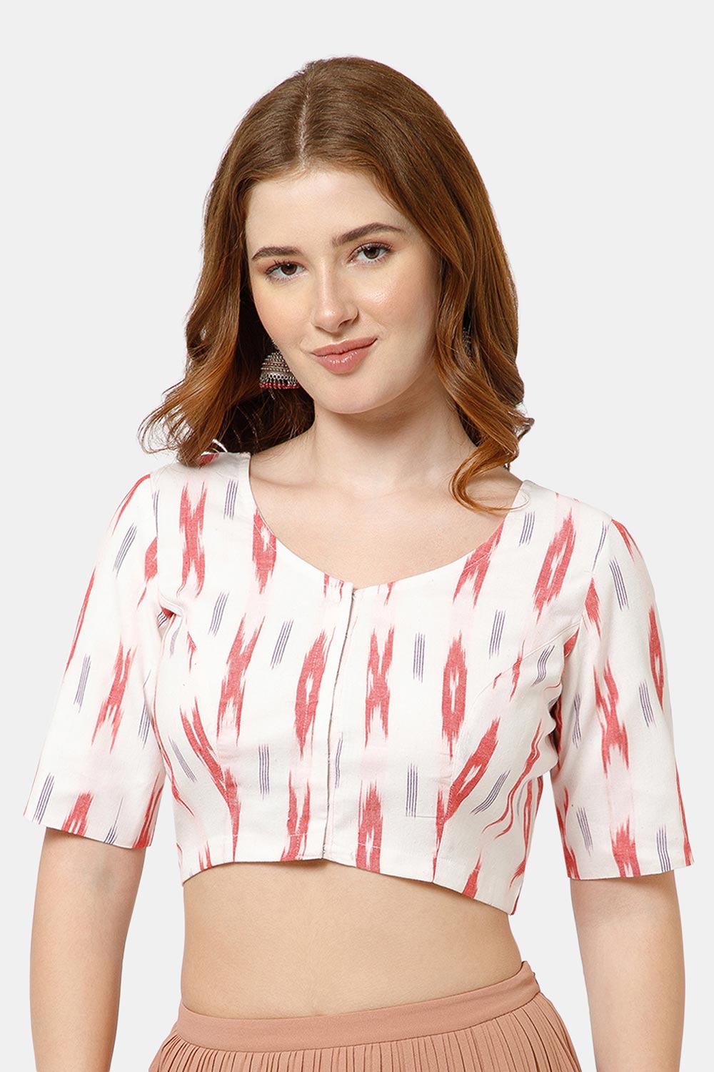 Naidu Hall Women’s Cotton Blouse | Woven U-Neck Ethnic Blouse with Elbow Sleeves & Front Closure - White Red - BU17