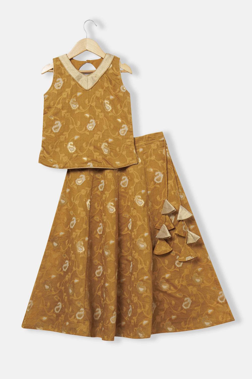 Chittythalli Girls’ Ethnic Pavadai Set – Sleeveless V-Neck Top with Flared Kali Skirt & Tassel Detailing - Mustard - PS60 - Naidu Hall Family Store
