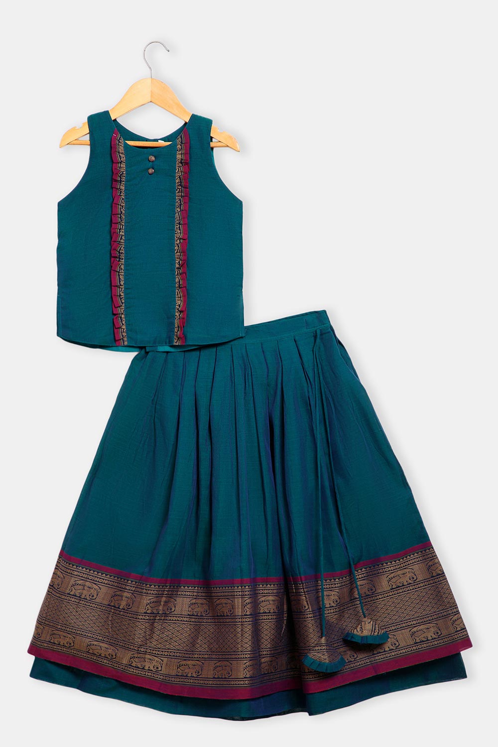 Chittythalli Girls’ Ruffle Panel Pavadai Set – Layered Box-Pleated Skirt - Dark Blue - PS28