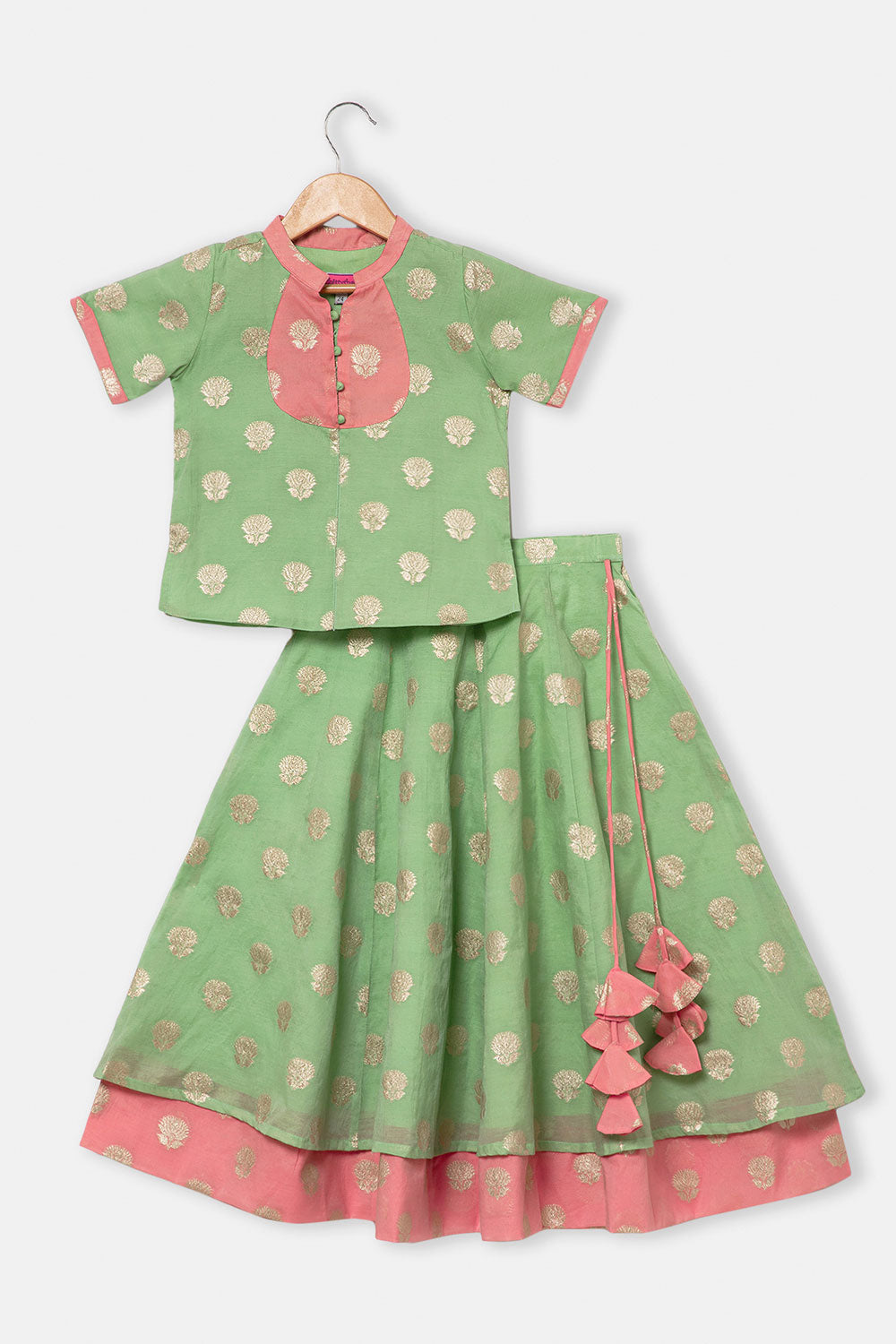 Chittythalli Girls Traditional Pavadai Set with Mandarin Collar Top and Double Layered Flared Skirt - Green - PS70