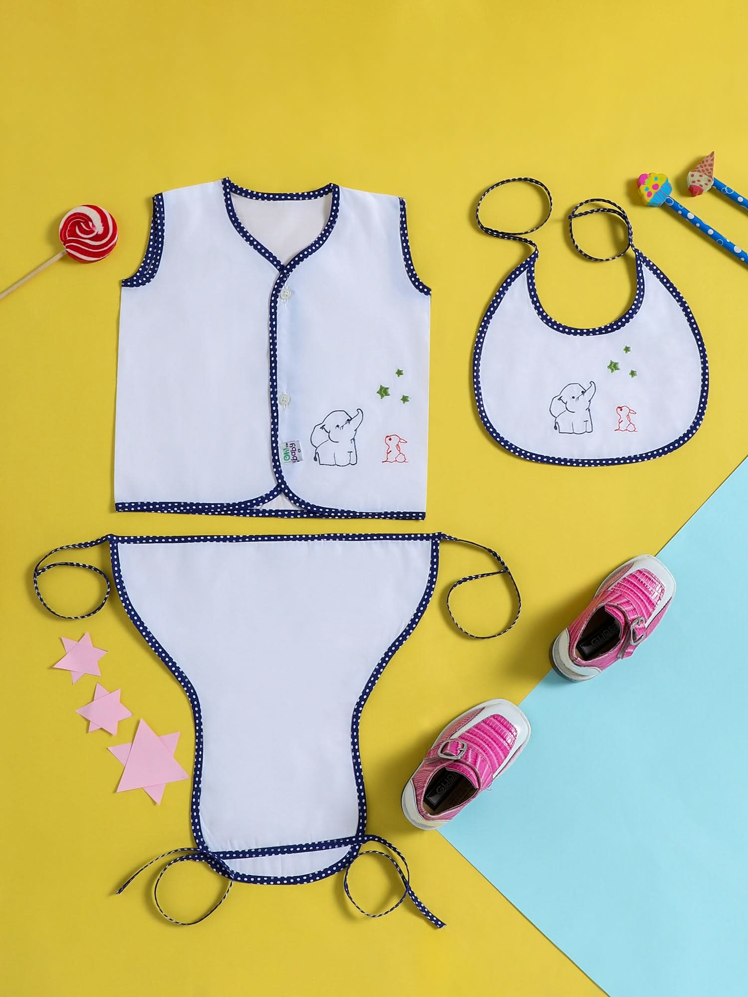 Oh Baby - 3 Piece Set Of Woven Soft Cotton Vest, Bib And a Cloth Diaper - BVNA
