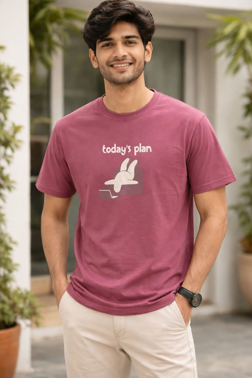 Enhance Men’s Cotton Graphic Printed Round Neck Half Sleeve T-Shirt | Today’s Plan Everyday Wear - Dark Pink - TG08