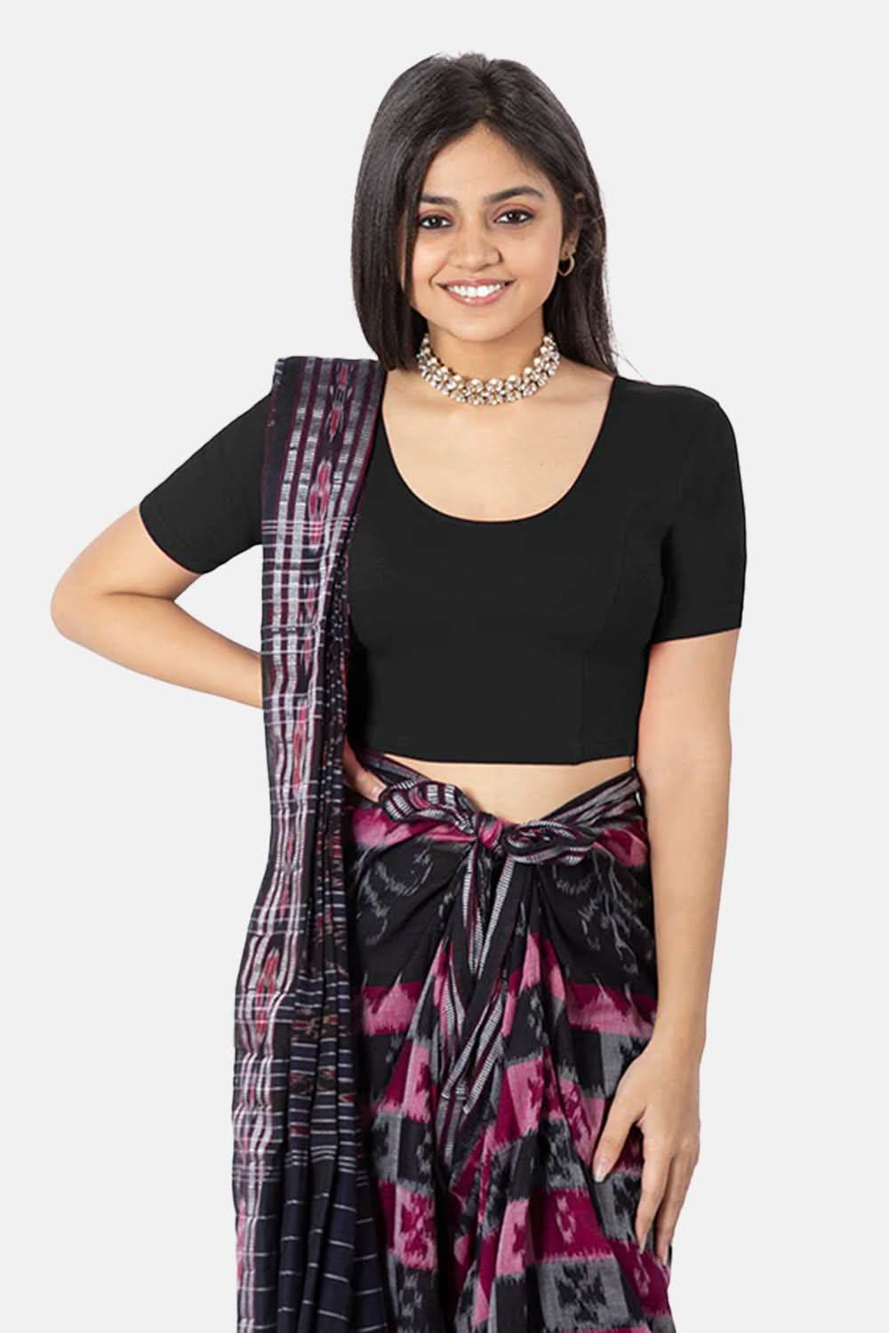 Naidu Hall Knitted Blouse With Round Neck Princess Cut Short Sleeve - Black - Naidu Hall Family Store
