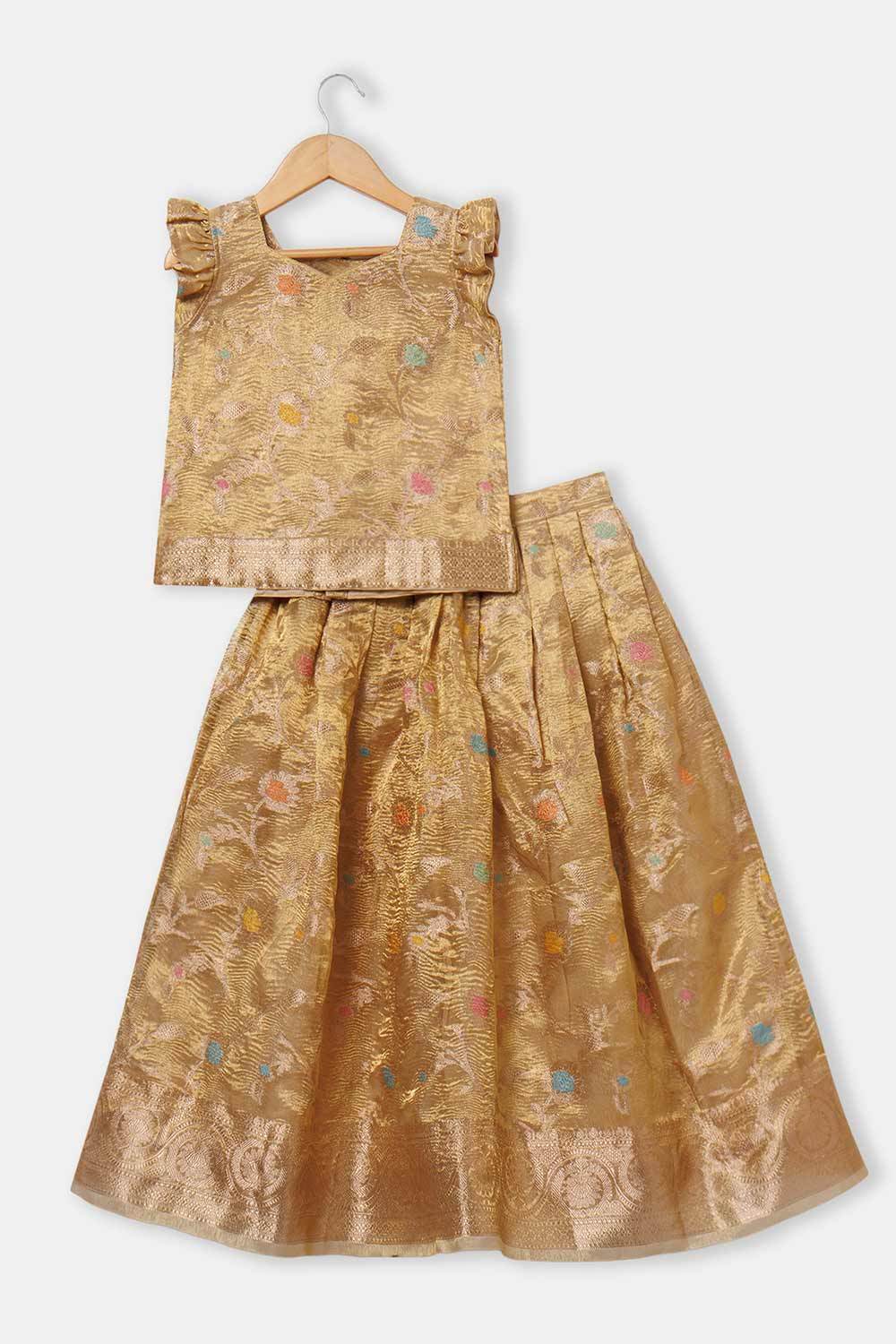 Chittythalli Girls Traditional Pavadai Set – Sweetheart Neck Pleated Top with Box-Pleated Skirt | Ethnic Wear - Gold - PS81 - Naidu Hall Family Store