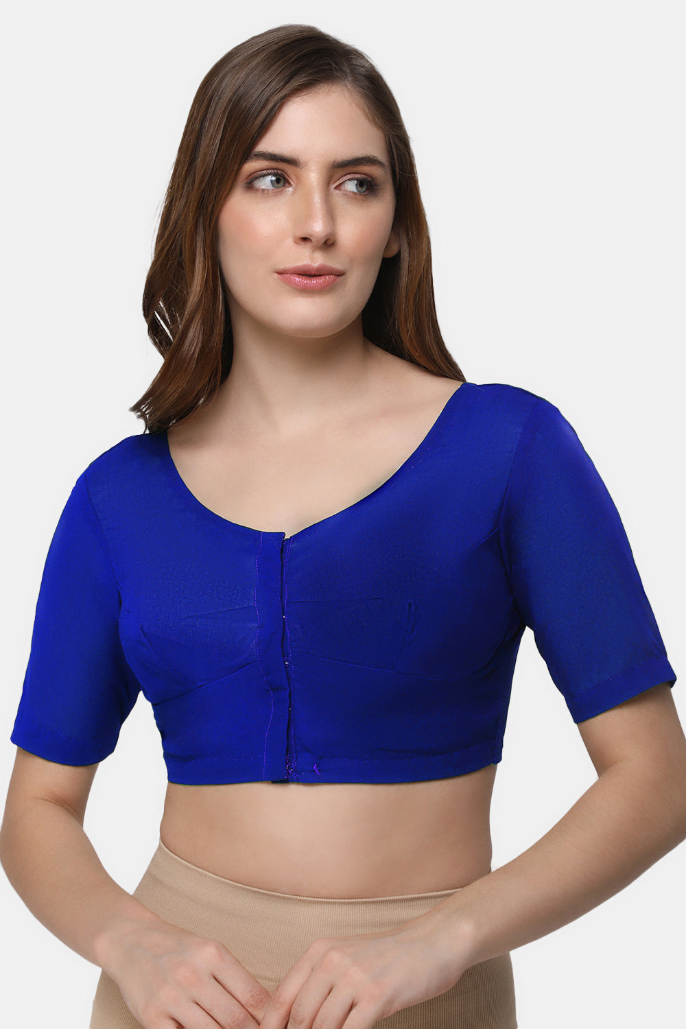 Naidu Hall Women's 2x2 Cotton Saree Blouse | Readymade Round Neck Elbow Sleeve Woven Cotton Blouse | Plain Traditional Blouse for Cotton, Handloom, Linen & Silk Cotton Sarees - RNRE
