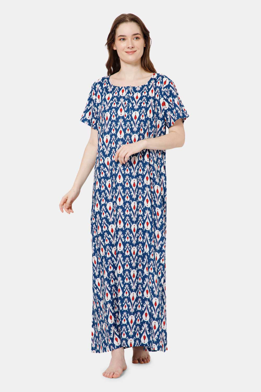 Naidu Hall Front Open Printed Nighty with Square Round Neck - Navy Blue -  NT33