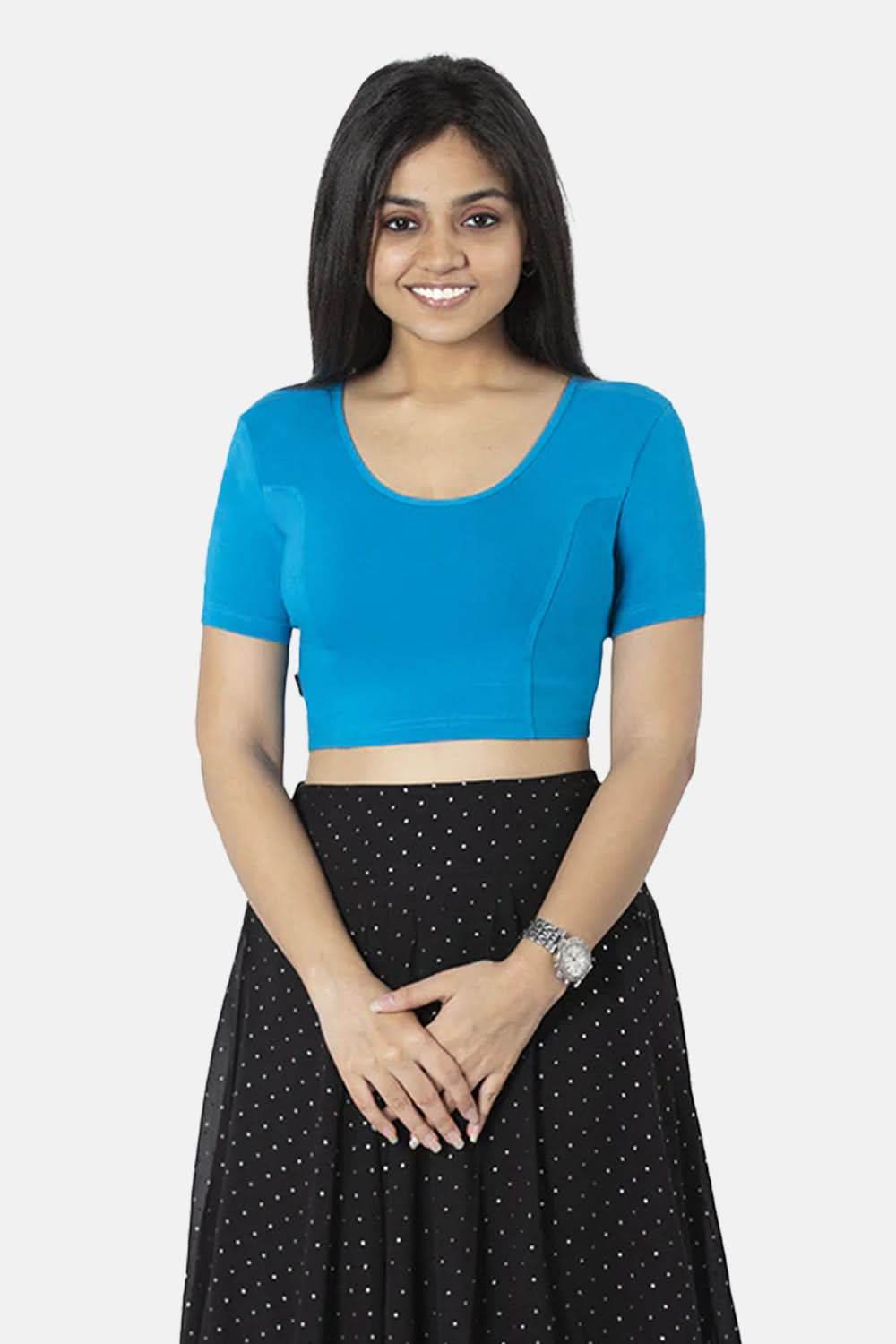 Full Coverage Non-Wired Non-Padded Knitted Blouse With Round Neck Princess Cut Short Sleeve - Blue - Naidu Hall Family Store