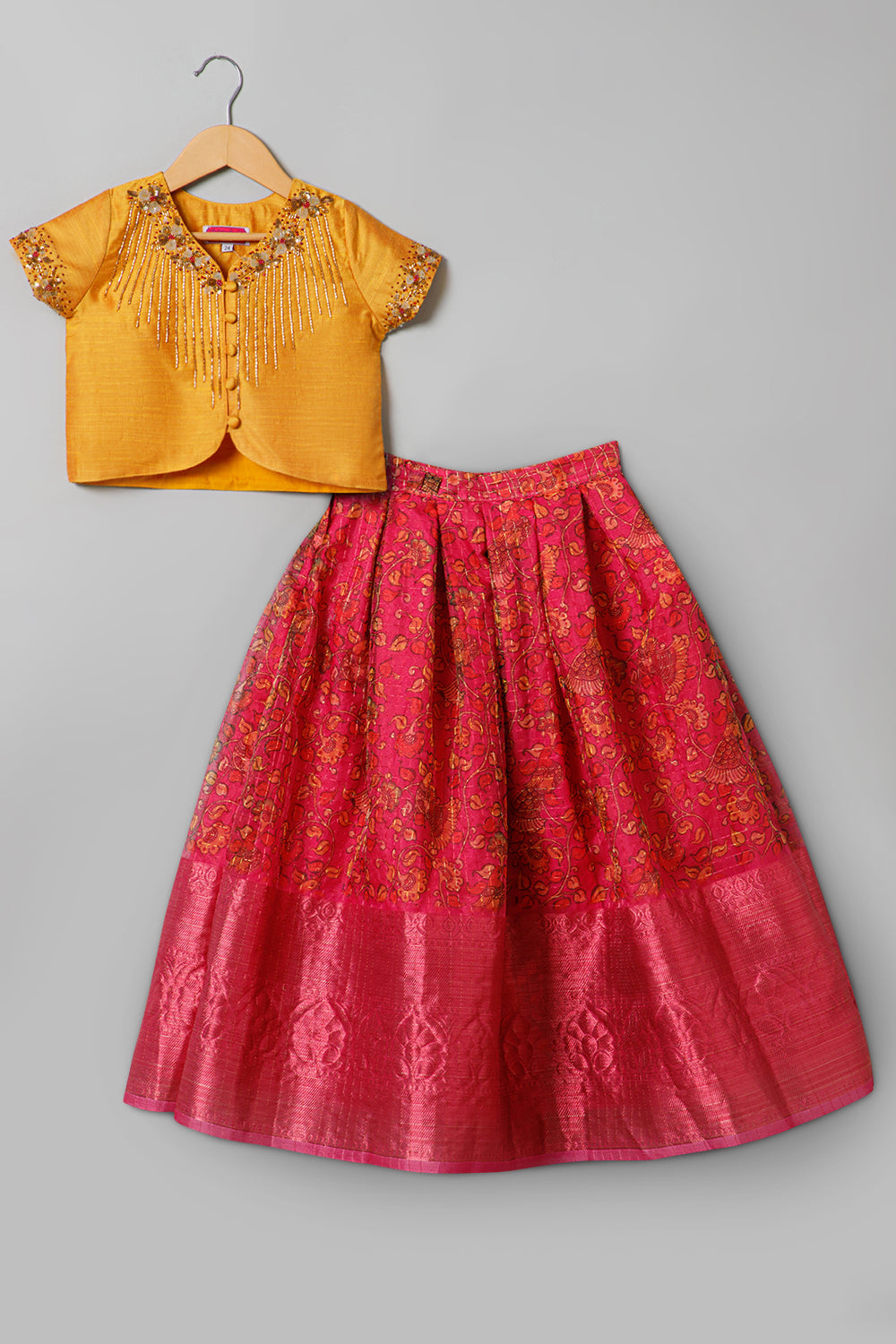 Chittythalli Traditional Pavadai Set V Neck short sleeve top with Box pleated Skirt - Yellow & Pink - PS38