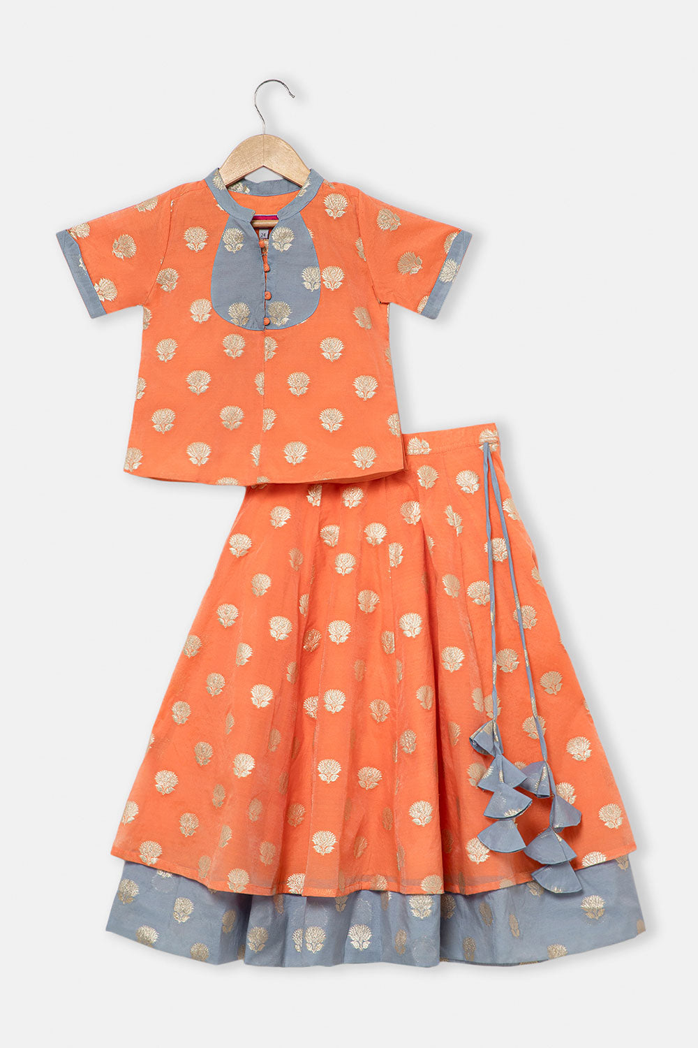 Chittythalli Girls Traditional Pavadai Set with Mandarin Collar Top and Double Layered Flared Skirt - Orange - PS70