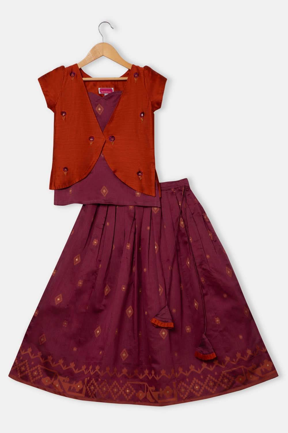 Chittythalli Girls 3-Piece Pavadai Set Spaghetti Strap Inner Box Pleat Skirt Embroidered Overcoat - Brown - PS74 - Naidu Hall Family Store