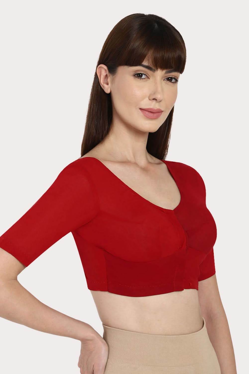 Naidu Hall Full Coverage Non-Wired Non-Padded Round Neck Long Sleeve Cotton Blouse - Dark Red - Naidu Hall Family Store