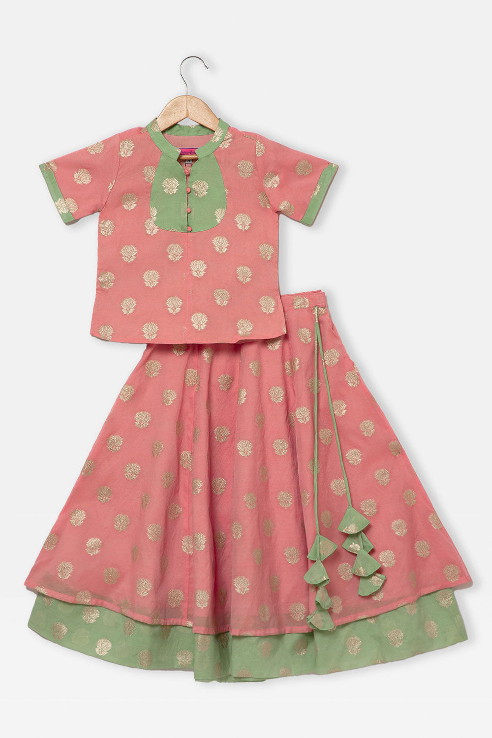 Chittythalli Girls Traditional Pavadai Set with Mandarin Collar Top and Double Layered Flared Skirt - Peach - PS70