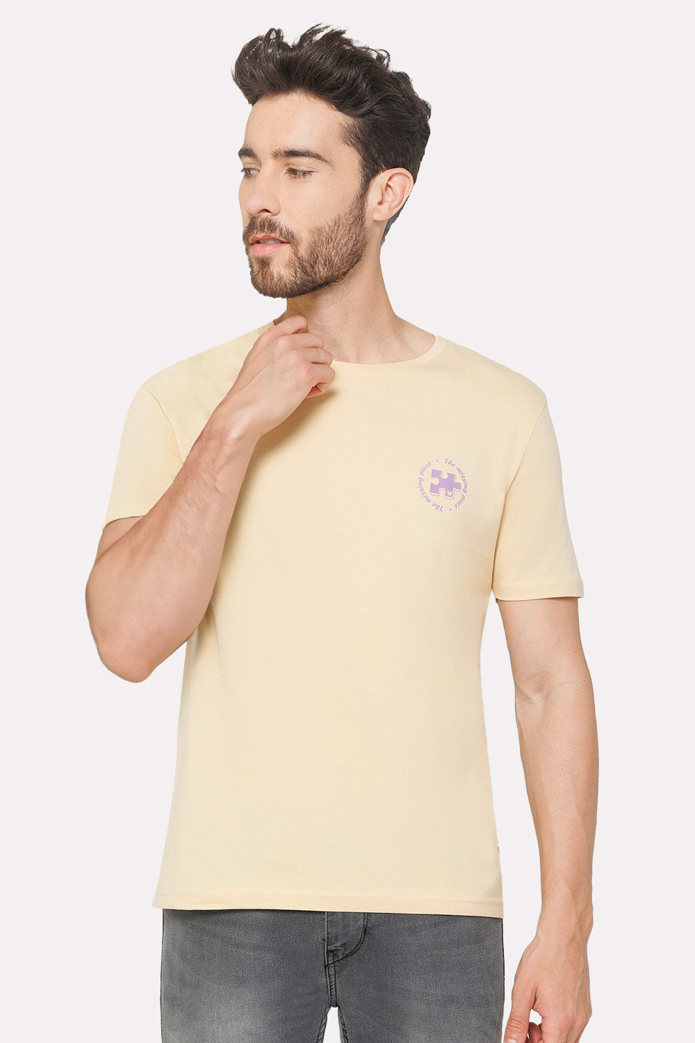 Enhance Men's Printed Crew Neck Casual T-Shirt - Beige - TS30