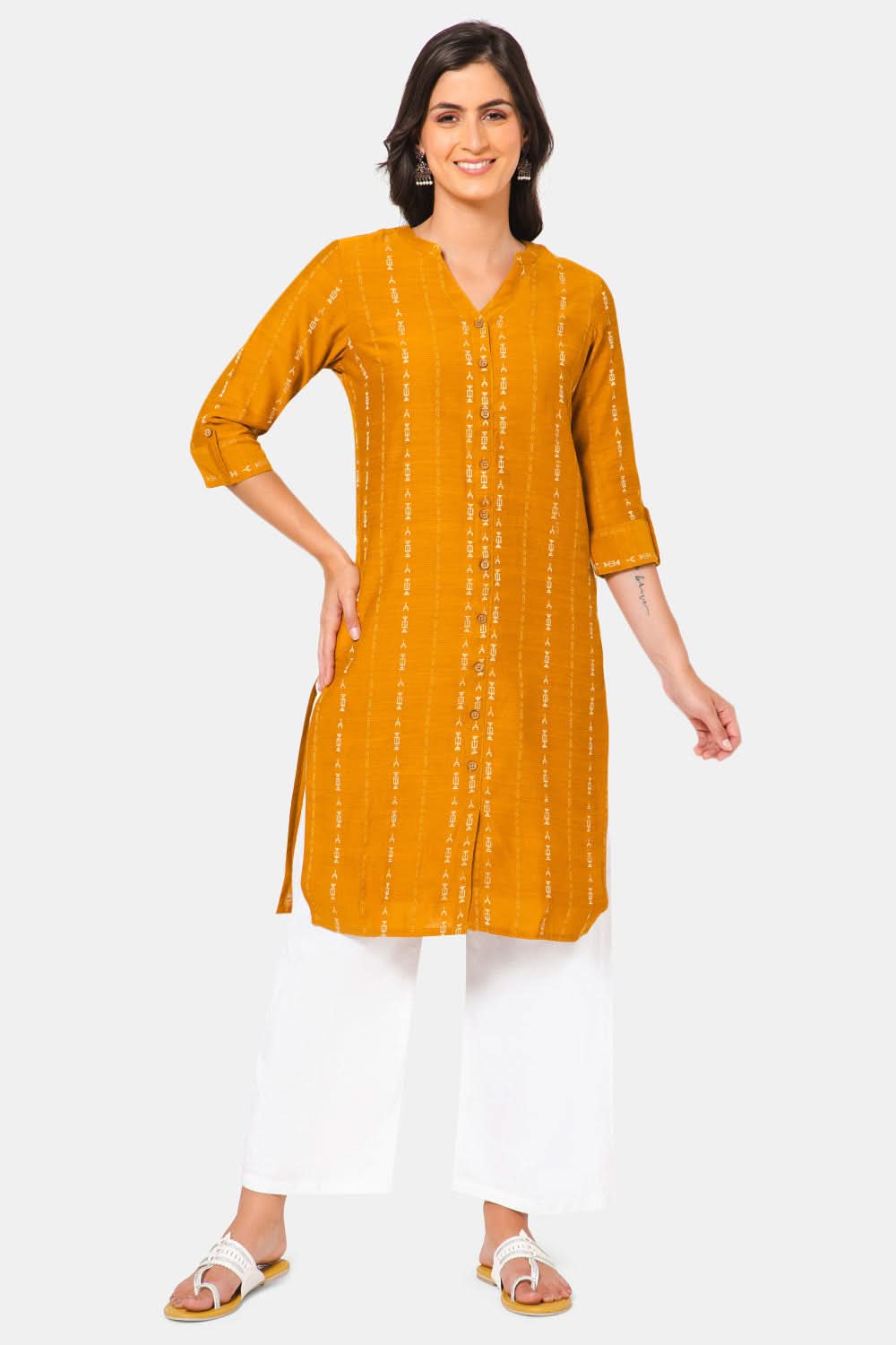 Mythri Women Knee Length Straight Kurtha - Mustard - KU37