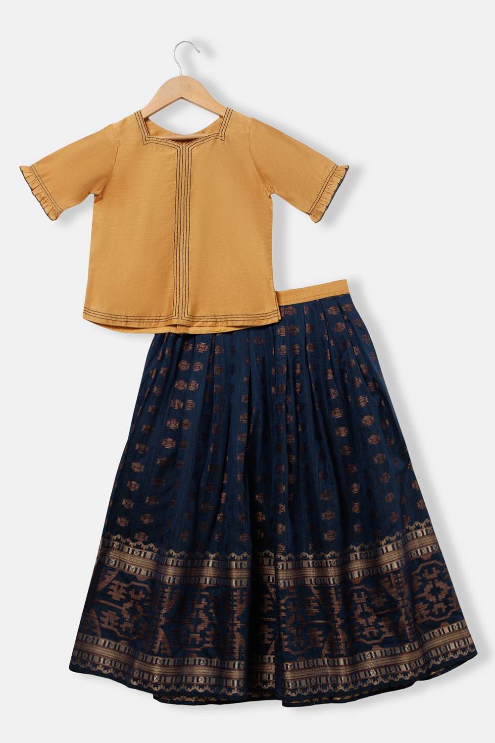 Chittythalli Girl's Pavadai Set – Sweetheart Neck Top with Ruffle Sleeves & Knife-Pleated Skirt - Blue - PS75 - Naidu Hall Family Store