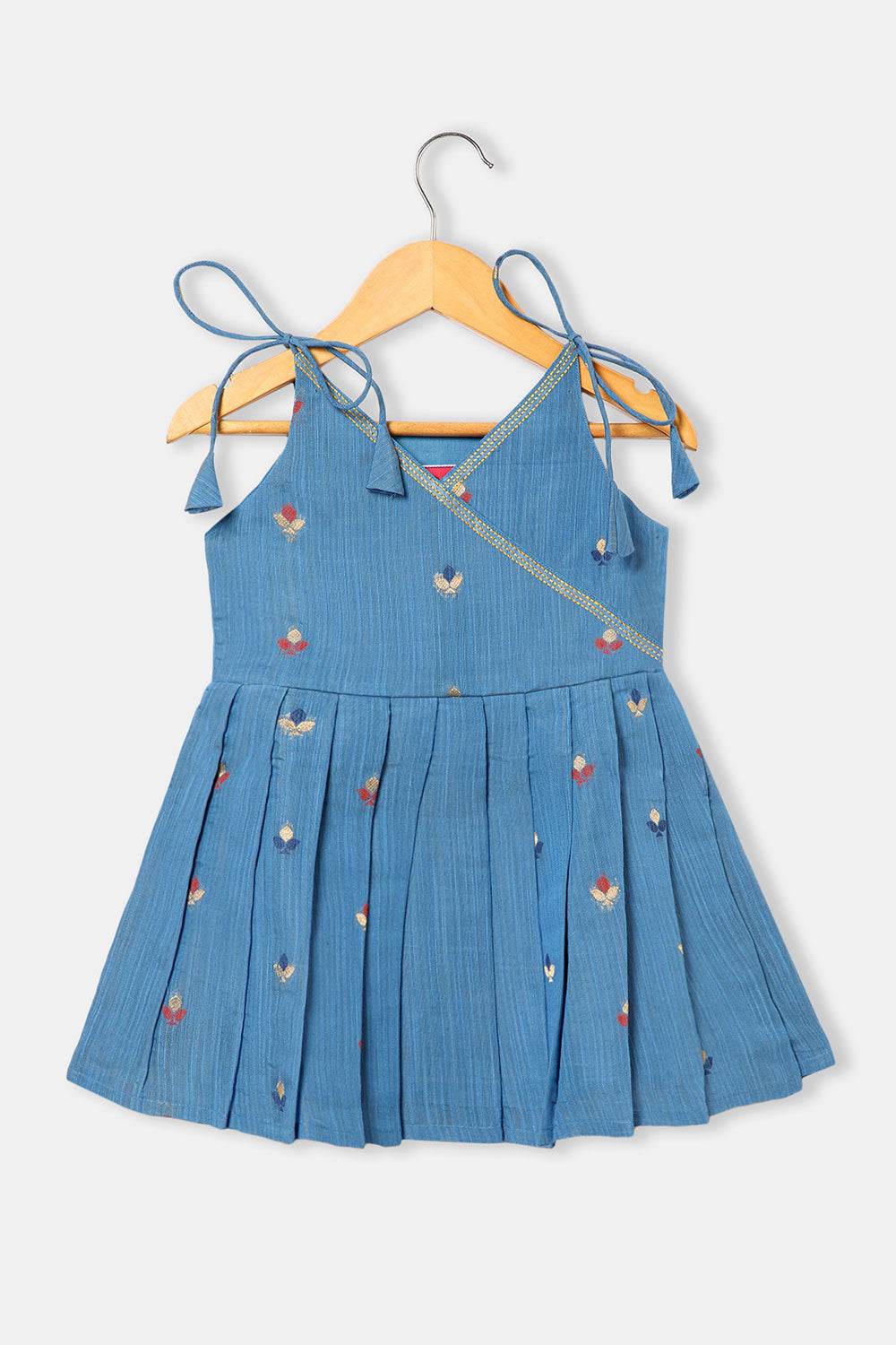 Chittythalli Girls’ Ethnic Frock – Angarkha Cut Top with Chain Stitch Embroidery & Knife Pleated Skirt - Blue - FR39 - Naidu Hall Family Store
