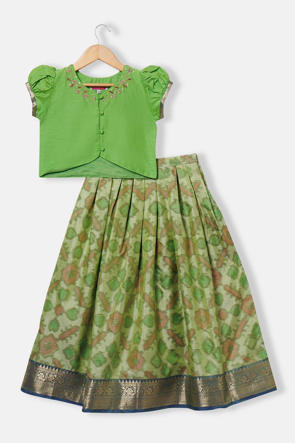 Chittythalli Girls’ Pavadai Set – V-Neck Embroidered Top with Puff Sleeves & Box-Pleated Brocade Skirt - Green - PS38 - Naidu Hall Family Store