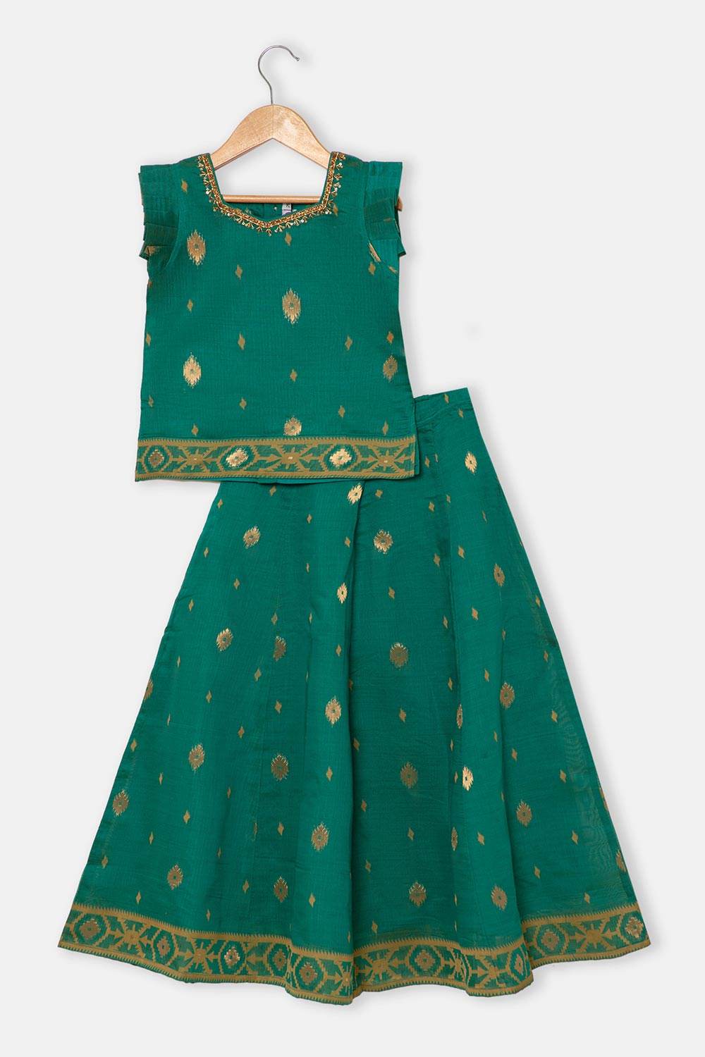 Chittythalli Traditional Girls Pavadai Set Three-Pointed Neck Blouse with Flared Skirt - Green - PS87 - Naidu Hall Family Store