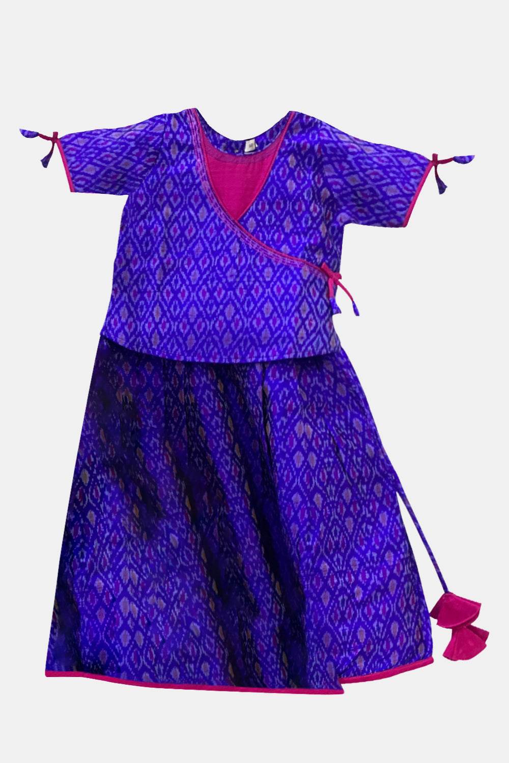 Chittythalli Traditional Pure Ikat Raw Silk Handloom Pavadai Set Wrap with Tie Sleeves & Flared Tassel Skirt - Violet - PS84 - Naidu Hall Family Store