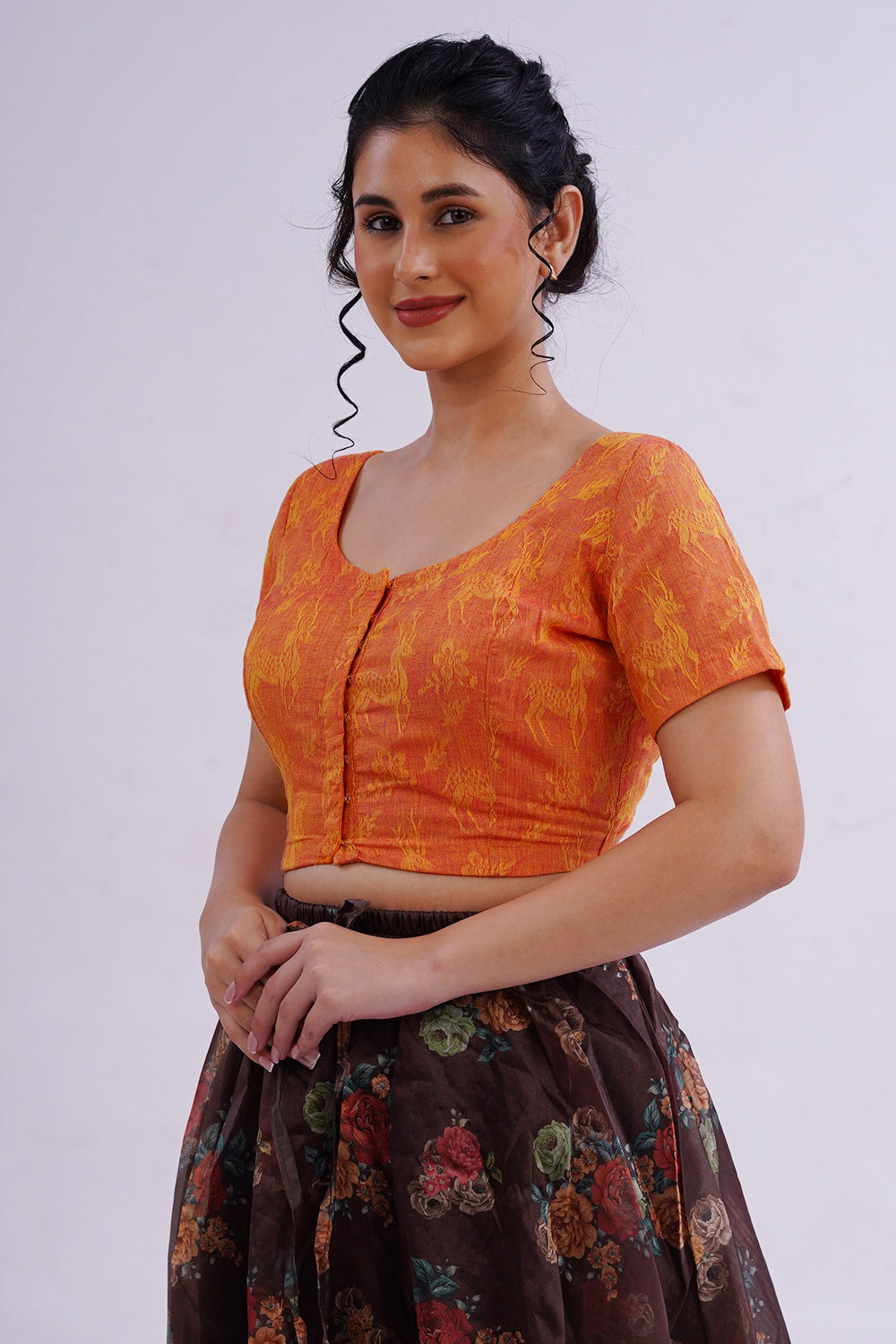 Naidu Hall Round Neck Short Sleeve Women's Handloom Cotton Saree Jacquard2 Front Open Blouse - Orange