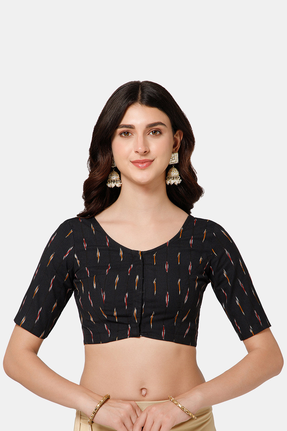 Naidu Hall Women’s Princess Cut Printed Readymade Saree Blouse U-Neck Front Open with Elbow Sleeves & Princess Cut | Elegant Everyday & Ethnic Wear - BU17