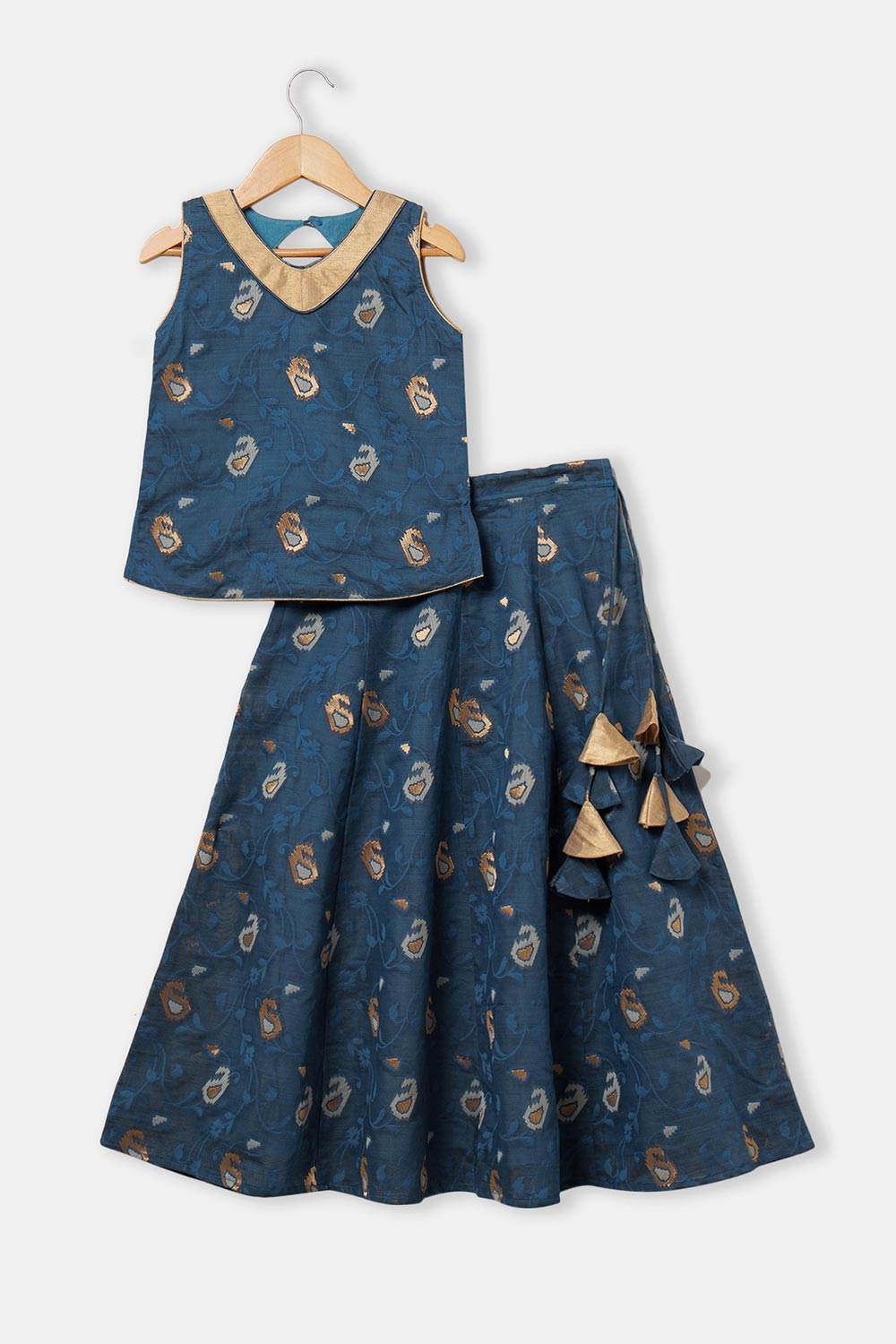 Chittythalli Girls’ Ethnic Pavadai Set – Sleeveless V-Neck Top with Flared Kali Skirt & Tassel Detailing - Navy Blue - PS60 - Naidu Hall Family Store
