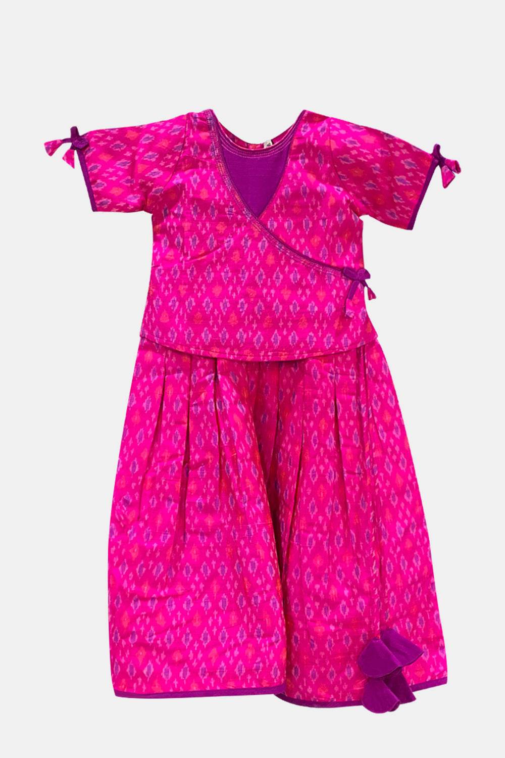 Chittythalli Traditional Pure Ikat Raw Silk Handloom Pavadai Set Wrap with Tie Sleeves & Flared Tassel Skirt - Pink - PS84 - Naidu Hall Family Store