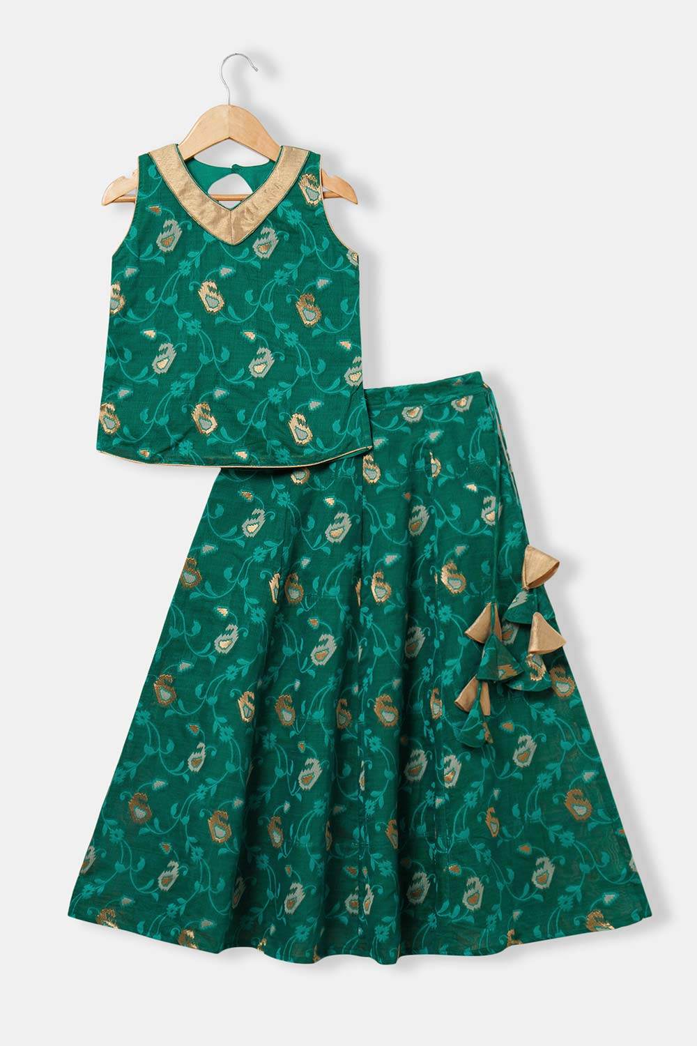 Chittythalli Girls’ Ethnic Pavadai Set – Sleeveless V-Neck Top with Flared Kali Skirt & Tassel Detailing - Teal Green - PS60 - Naidu Hall Family Store
