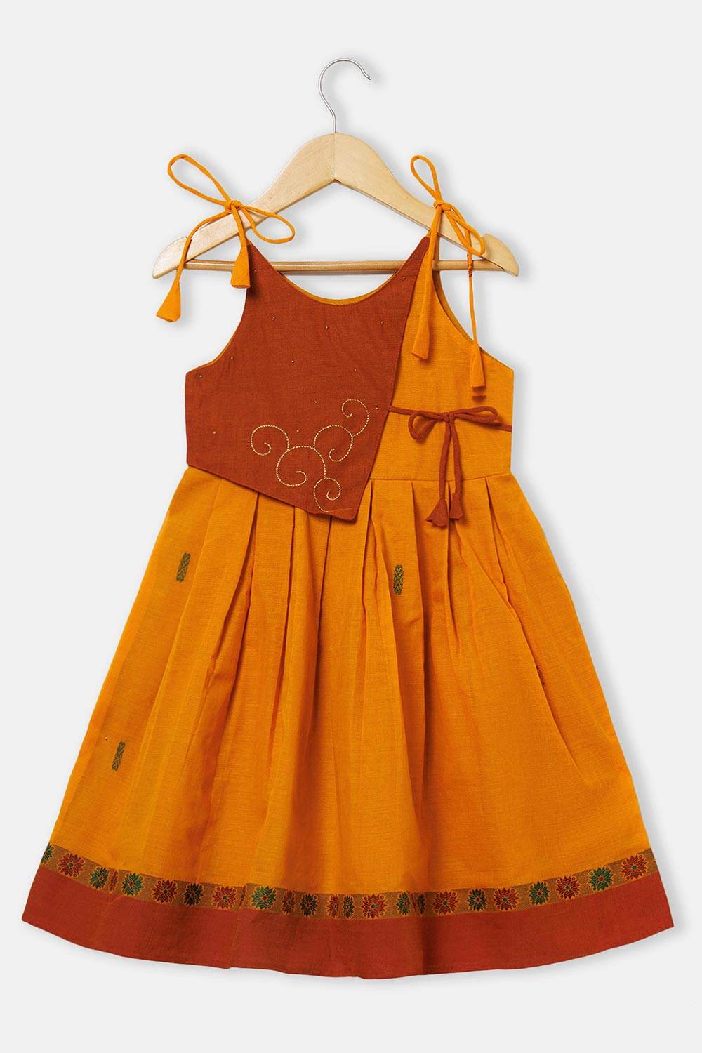 Chittythalli Girls’ Ethnic Frock – Sleeveless with Asymmetric Contrast Panel, Box Pleats & Zari Embroidery - Orange - FR41 - Naidu Hall Family Store
