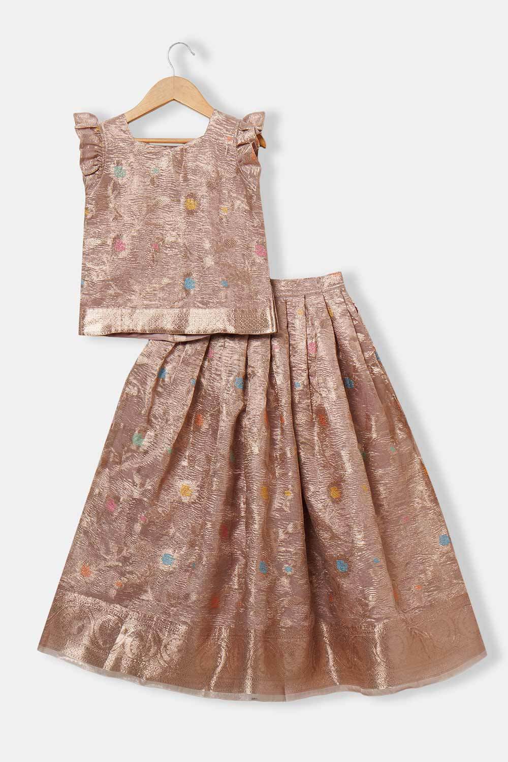 Chittythalli Girls Traditional Pavadai Set – Sweetheart Neck Pleated Top with Box-Pleated Skirt | Ethnic Wear - Copper - PS81 - Naidu Hall Family Store