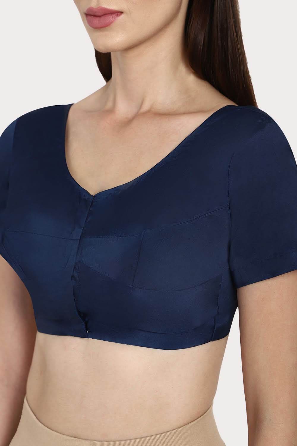 Naidu Hall Round neck Silk Cotton short sleeve blouse - Navy blue - Naidu Hall Family Store