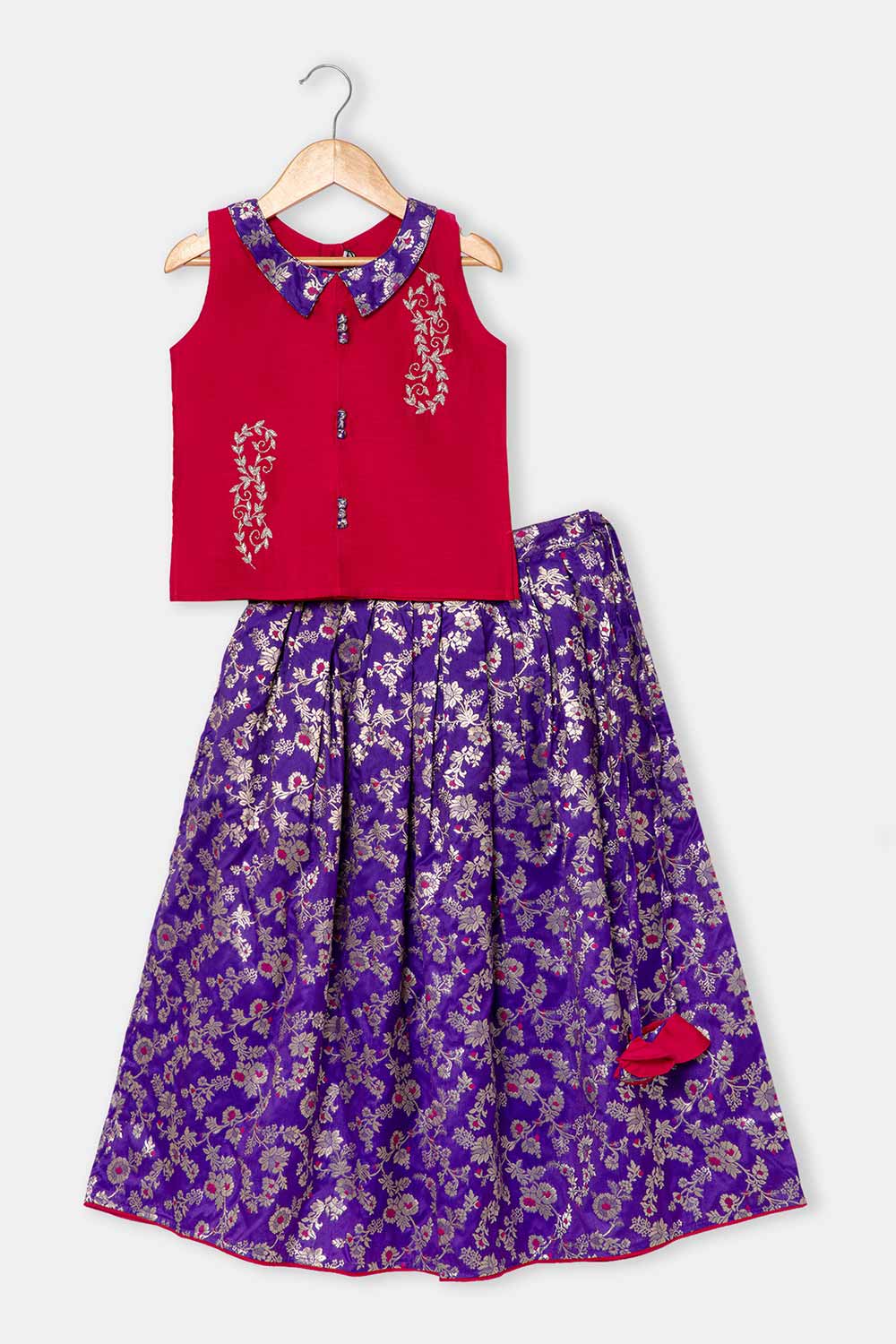 Chittythalli Girls Pavadai Set – Cotton Blouse with Brocade Collar & Zari Embroidery, Box Pleated Skirt - Pink - PS80