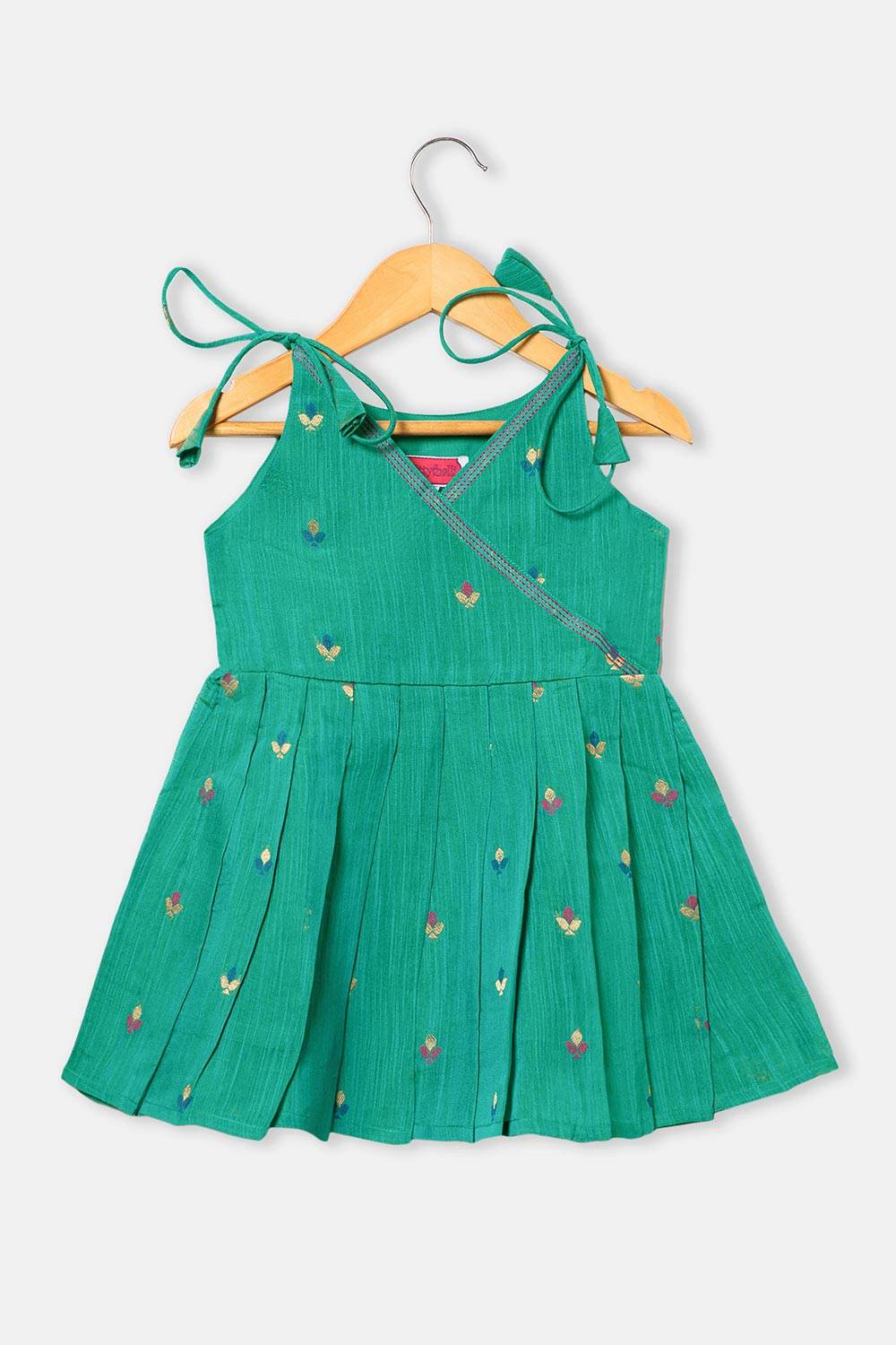 Chittythalli Girls’ Ethnic Frock – Angarkha Cut Top with Chain Stitch Embroidery & Knife Pleated Skirt - Green - FR39 - Naidu Hall Family Store