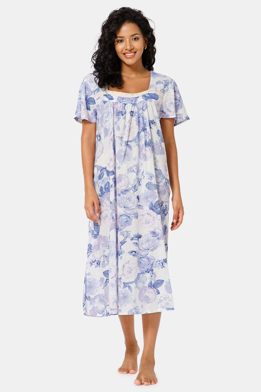 Naidu Hall Square Neck Half Poet Sleeve Printed Nighty Violet NT43