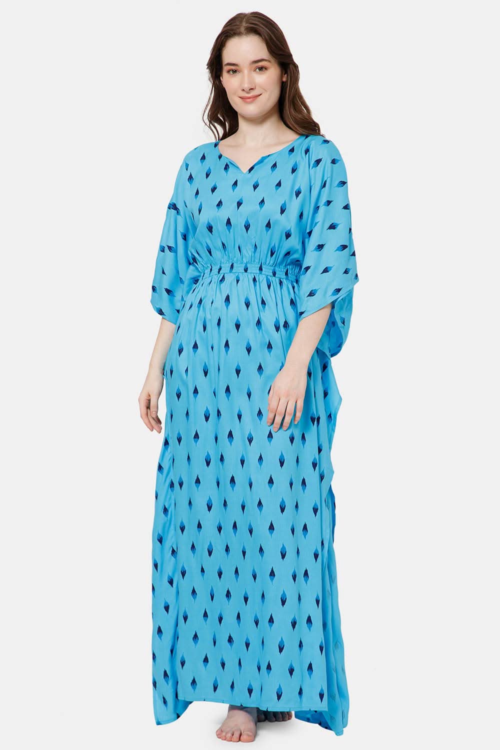 Naidu Hall Modern Printed Kaftan Style Nighty with Round Neck - Blue - NT27
