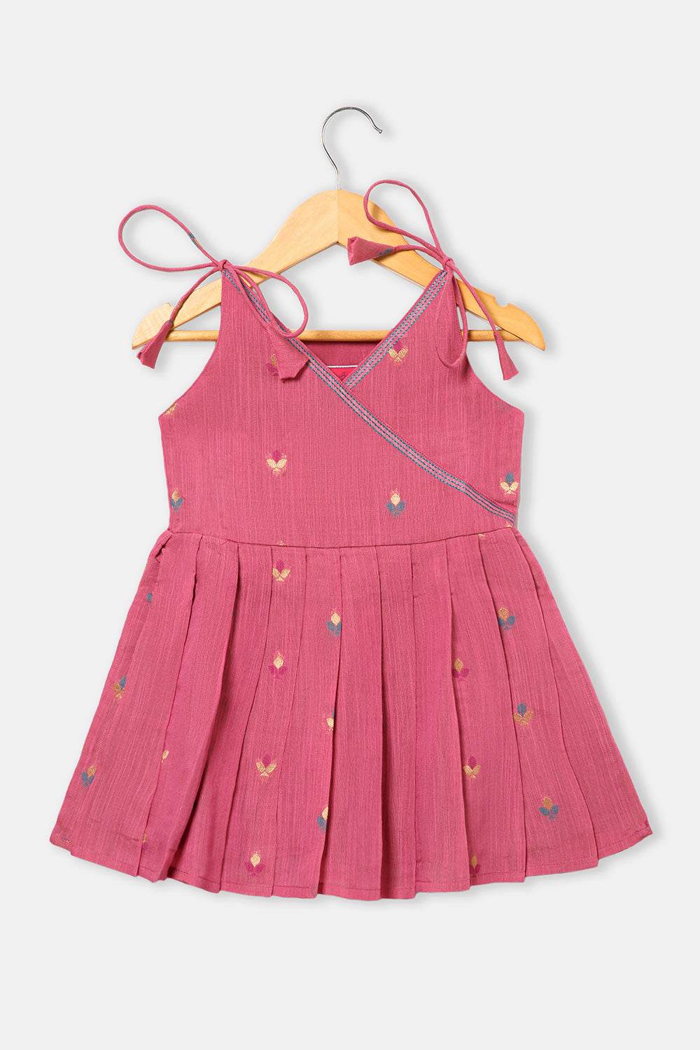 Chittythalli Girls’ Ethnic Frock – Angarkha Cut Top with Chain Stitch Embroidery & Knife Pleated Skirt - Pink - FR39 - Naidu Hall Family Store