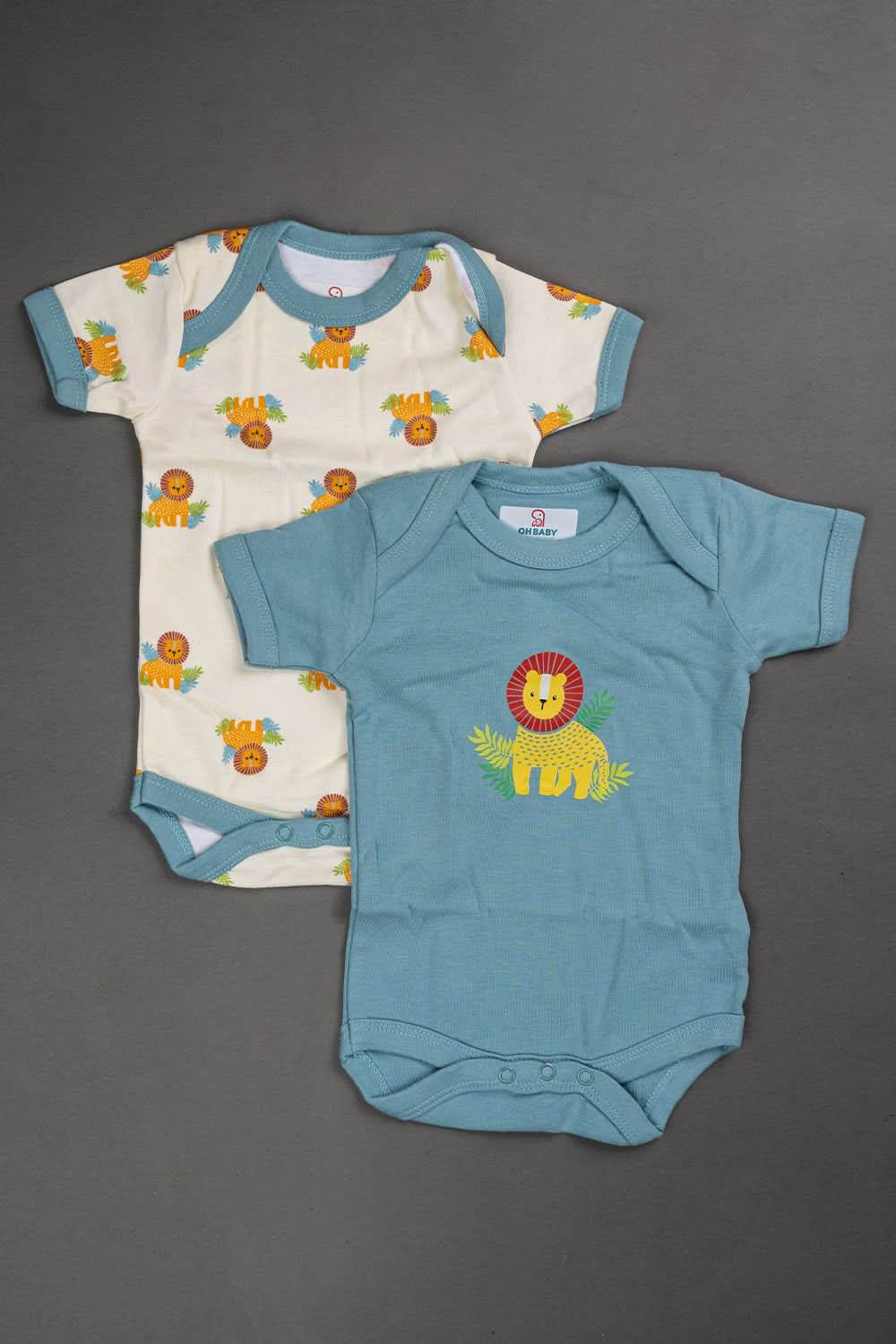 Oh Baby Cotton Interlock Knit Animal Print Halfsleeve Onesies Pack Of - 2 - Blue & Assorted - S202 - Naidu Hall Family Store
