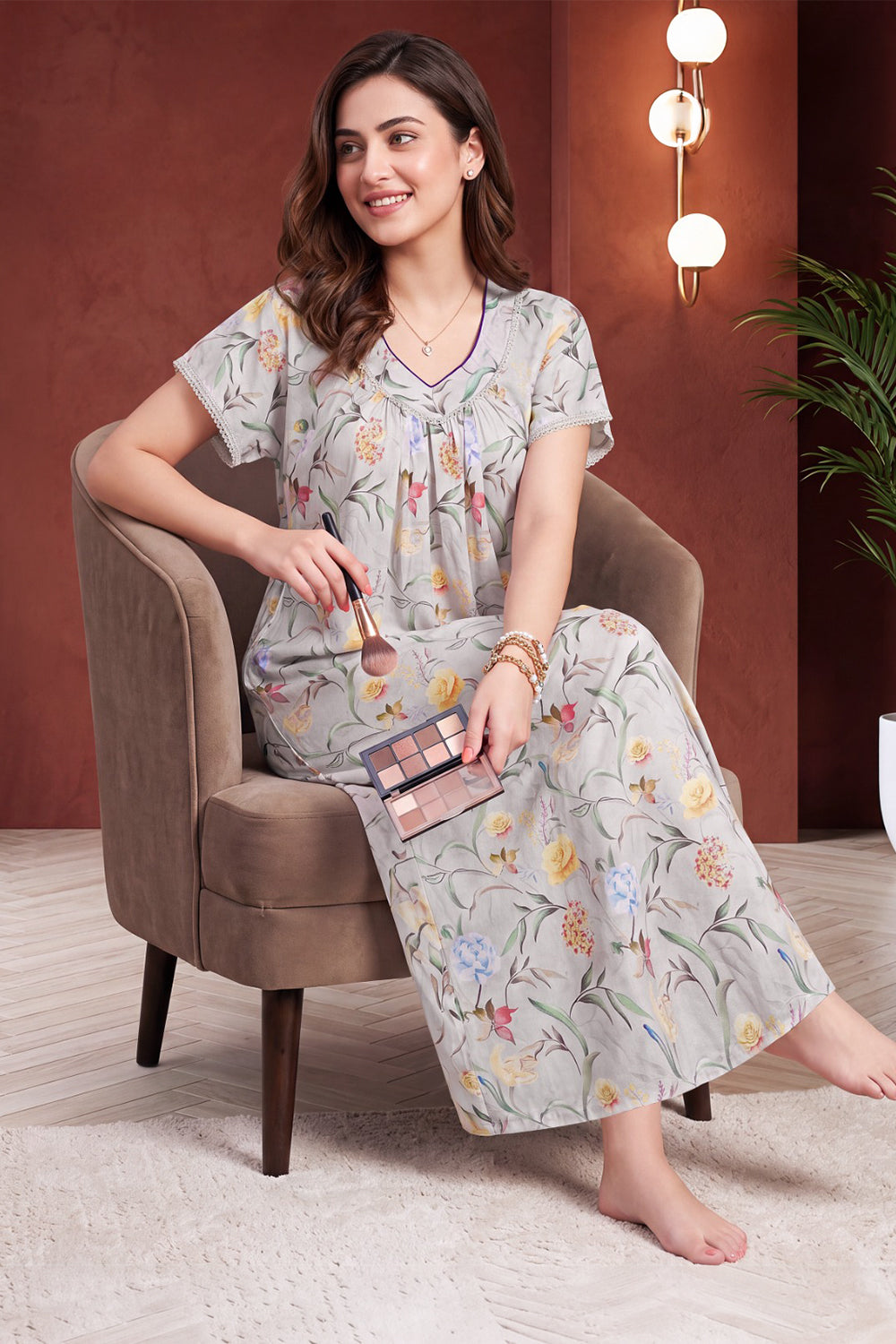 Women’s Poly Viscose Prints Pleated Nighty | Full Length Round Neck Night Dress with Short Sleeve | Relax Fit Sleepwear, Home Wear & Loungewear