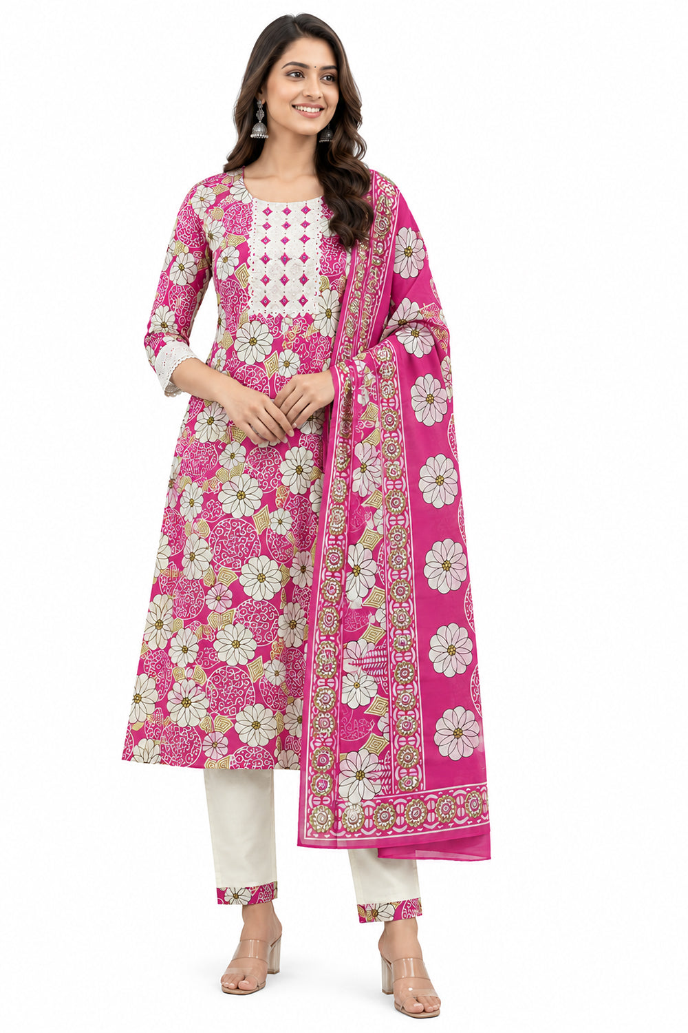 Women’s Cotton Blend Printed Chudidar | Round Neck Below Knee Kurta with 3/4 Sleeves | Regular Fit Daily Office Casual Ethnic Wear for Women - 2058