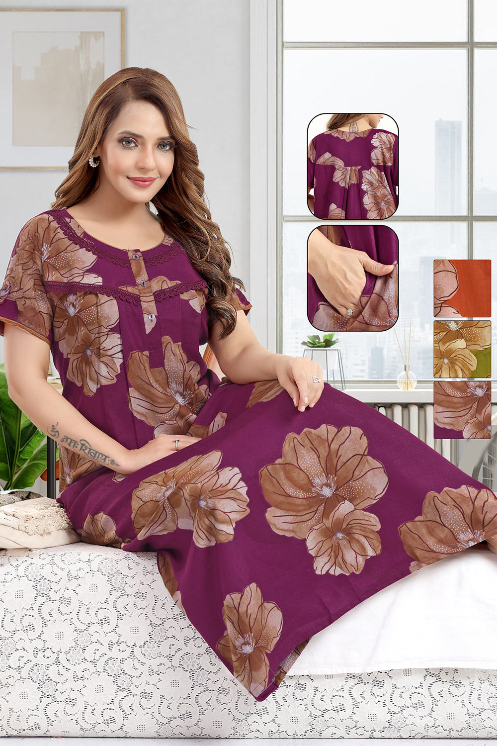 Women’s Pure Cotton Prints Pleated Nighty | Full Length Round Neck Night Dress with Short Sleeve | Relax Fit Sleepwear, Home Wear & Loungewear
