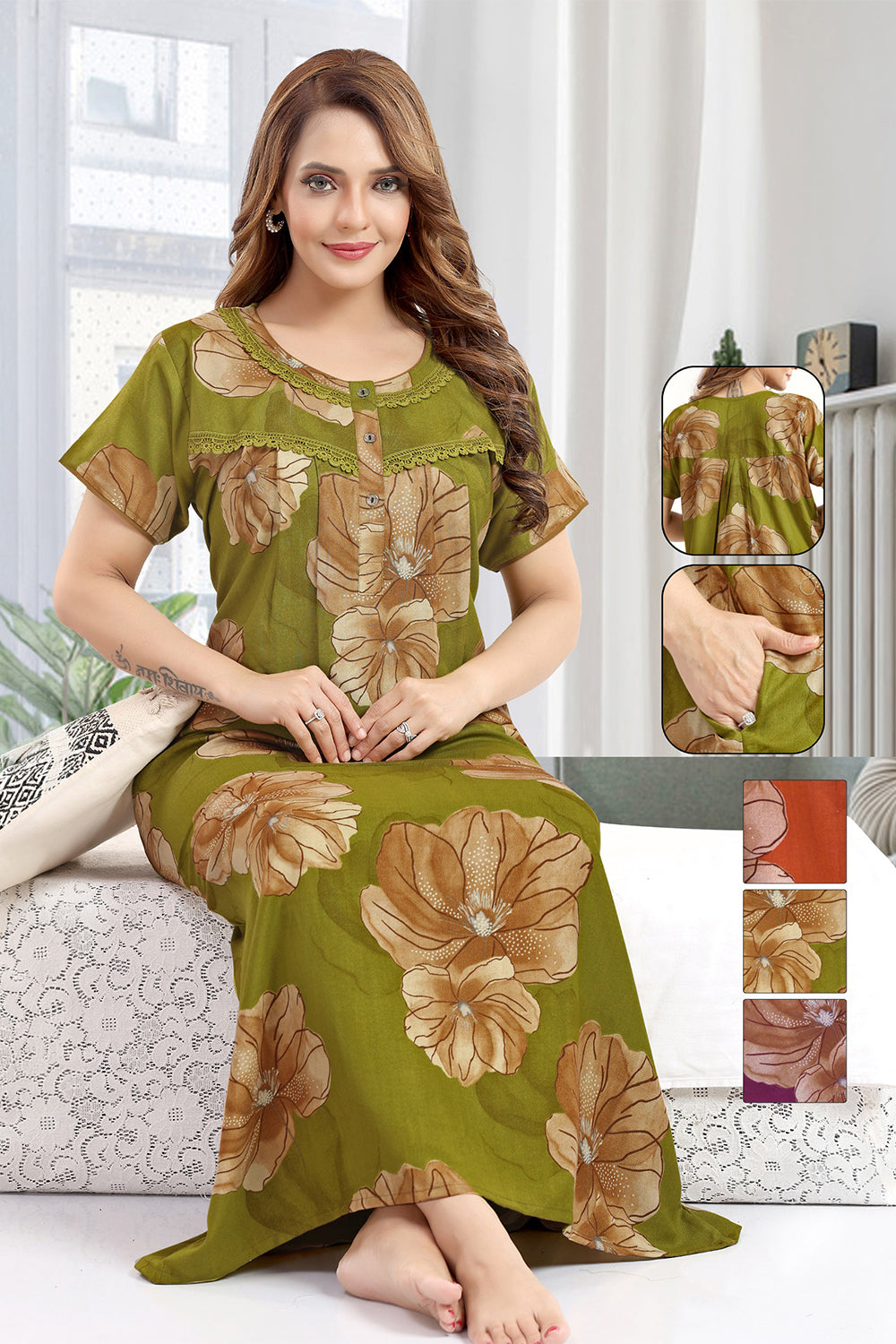 Women’s Pure Cotton Prints Pleated Nighty | Full Length Round Neck Night Dress with Short Sleeve | Relax Fit Sleepwear, Home Wear & Loungewear