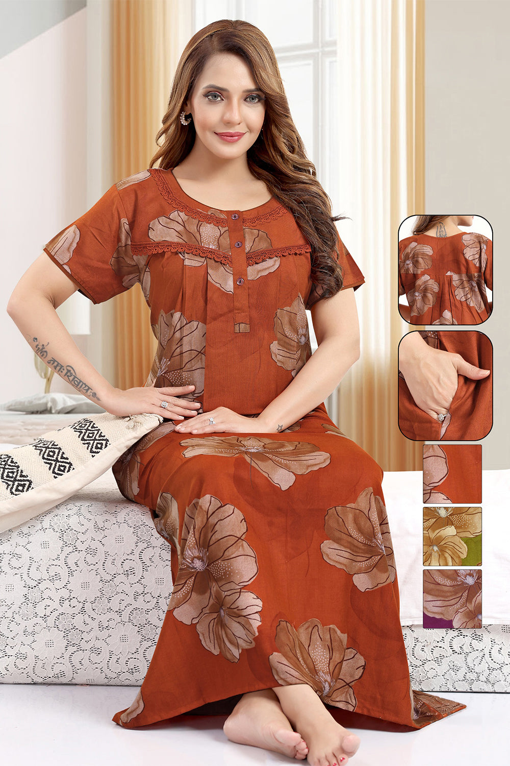 Women’s Pure Cotton Prints Pleated Nighty | Full Length Round Neck Night Dress with Short Sleeve | Relax Fit Sleepwear, Home Wear & Loungewear