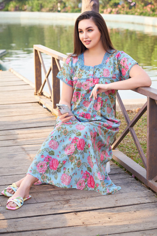 Women's Nighty | Soft Blended Fabric Comfortable Nightwear & Stylish Sleepwear - Blue - 2063