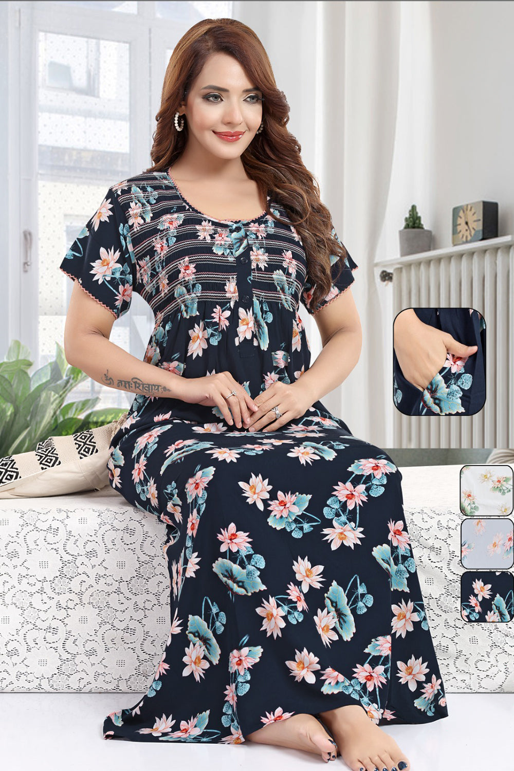 Women’s Rayon Prints Pleated Nighty | Full Length Round Neck Night Dress with Short Sleeve | Relax Fit Sleepwear, Home Wear & Loungewear
