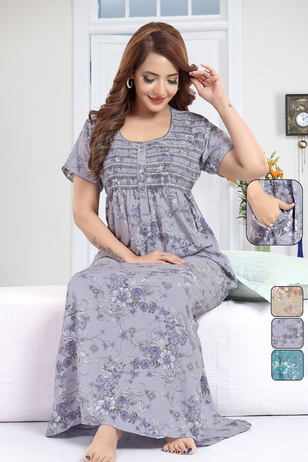 Women’s Rayon Prints Pleated Nighty | Full Length Round Neck Night Dress with Short Sleeve | Relax Fit Sleepwear, Home Wear & Loungewear